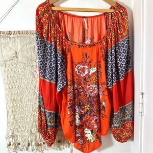 70s Free People Bright Orange Red Tapestry Bohemian Floral Peasant Blouse Small